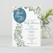 Modern Oh Boy Eucalyptus Blue Balloon Baby shower Kaart (Staand voorkant)