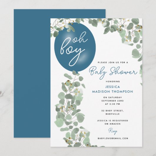 Modern Oh Boy Eucalyptus Blue Balloon Baby shower Kaart (Voorkant / Achterkant)