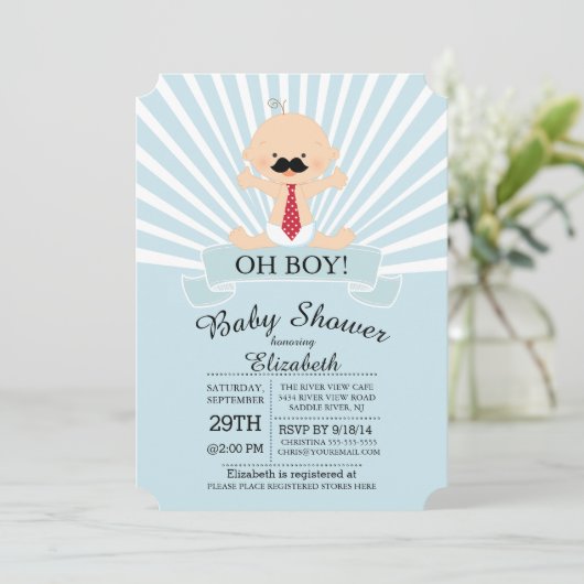 Modern Oh Boy Mustache Boys Baby shower Kaart (Staand voorkant)