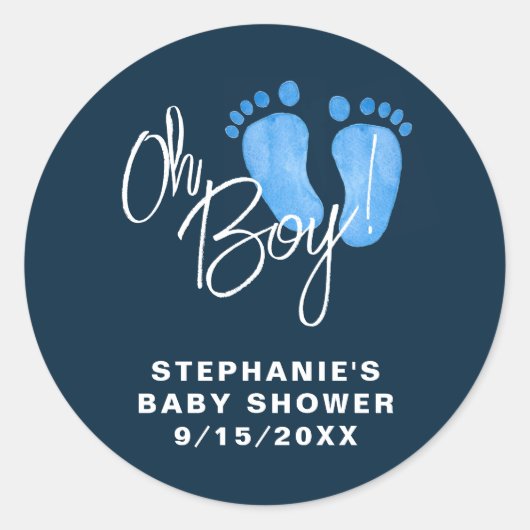 Modern Oh Boy Navy blauw Baby shower Ronde Sticker (Voorkant)