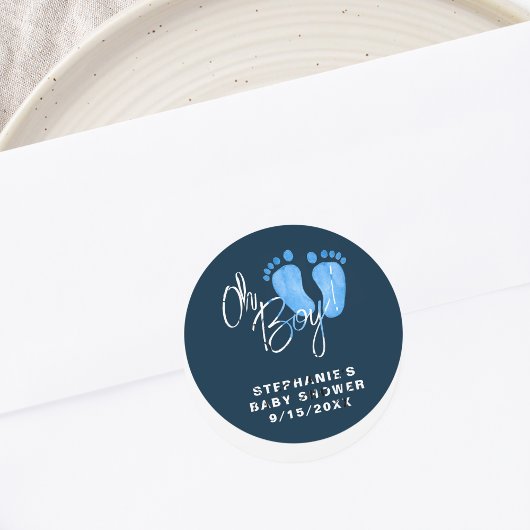 Modern Oh Boy Navy blauw Baby shower Ronde Sticker