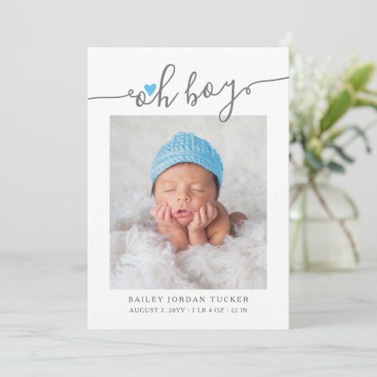 Modern Oh Boy Script Sky Blue Heart 2-Photos ter g Aankondiging (Staand voorkant)