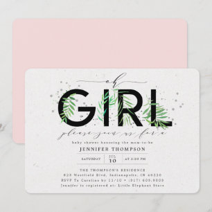 Modern Oh Girl Blush Tropical Greenery Baby shower Kaart