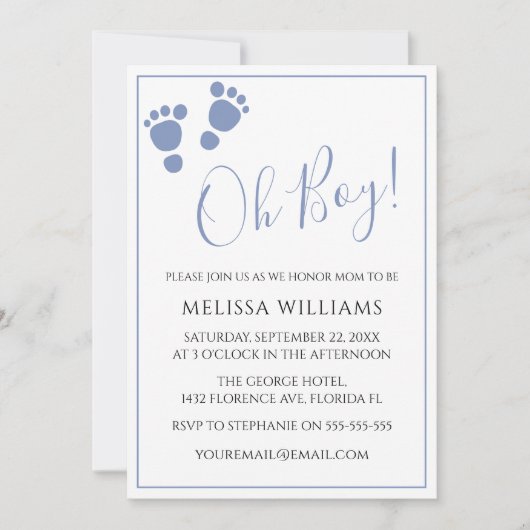 Modern Oh jongen! Baby shower voetafdruk in uitnod Kaart (Voorkant)