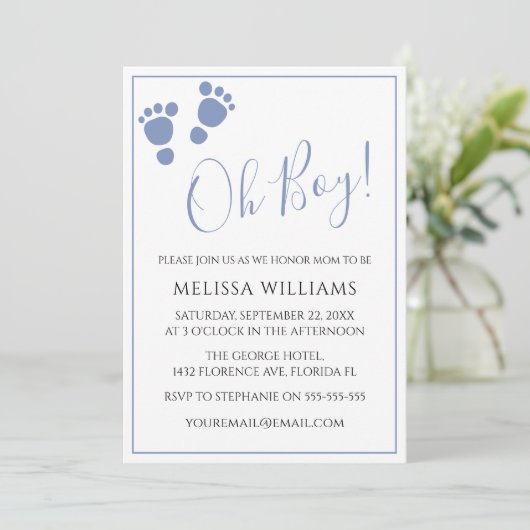 Modern Oh jongen! Baby shower voetafdruk in uitnod Kaart (Staand voorkant)