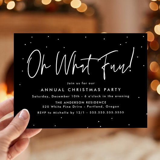Modern Oh What Fun Script Black Holiday Party Kaart