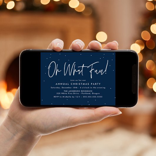 Modern Oh What Fun Script Navy Holiday Party Kaart