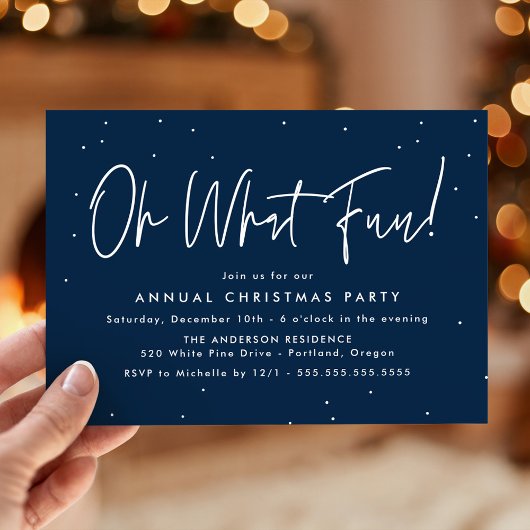 Modern Oh What Fun Script Navy Holiday Party Kaart