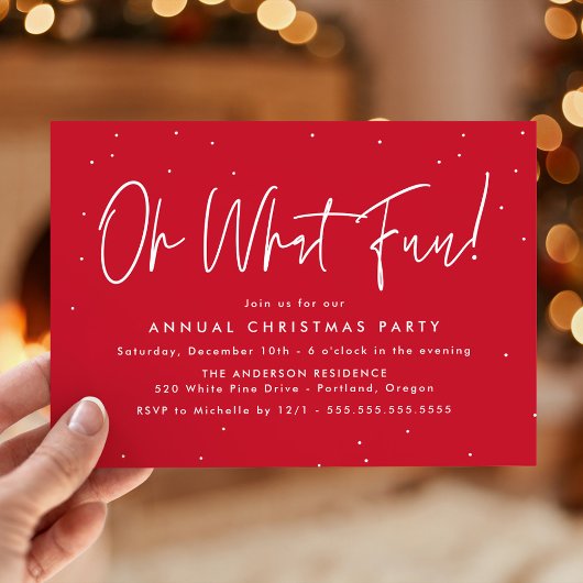 Modern Oh What Fun Script Red Holiday Party Kaart