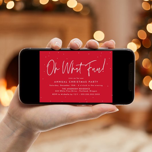 Modern Oh What Fun Script Red Holiday Party Kaart