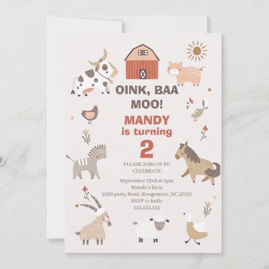 Modern Oink Baa Moo Boerderij Verjaardagsuitnodigi Kaart (Voorkant)