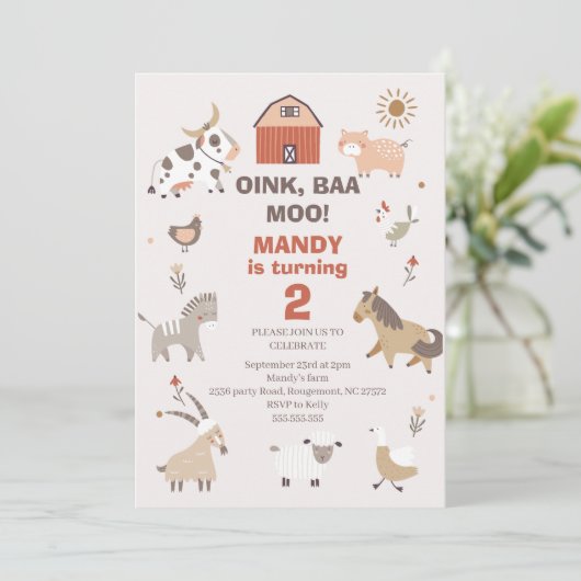 Modern Oink Baa Moo Boerderij Verjaardagsuitnodigi Kaart (Staand voorkant)