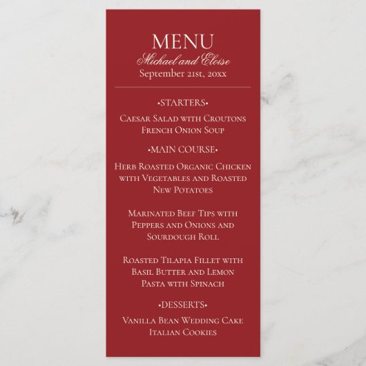 Modern Old Money Burgundy Wedding Dinner Menu (Voorkant)