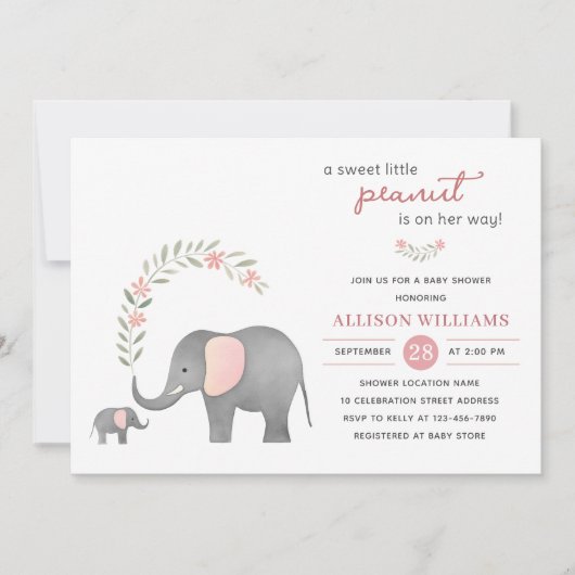 Modern Olifant Roze Bloemen Meisje Baby shower Kaart (Voorkant)