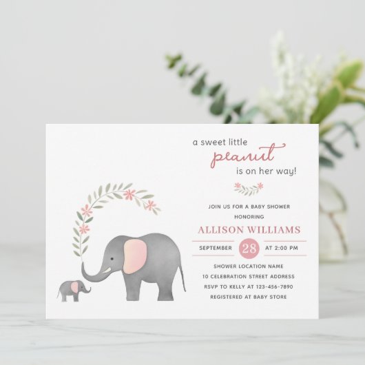 Modern Olifant Roze Bloemen Meisje Baby shower Kaart (Staand voorkant)