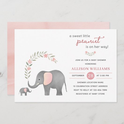Modern Olifant Roze Bloemen Meisje Baby shower Kaart (Voorkant / Achterkant)
