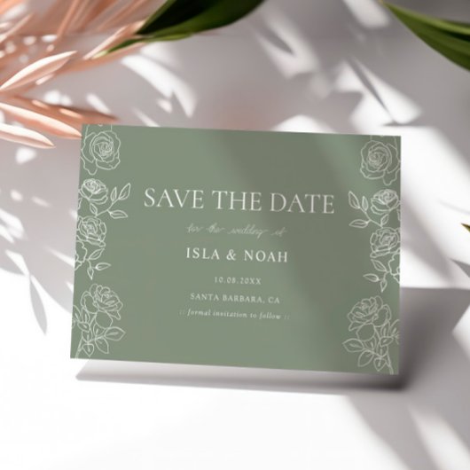 Modern Olijfgroen Franse Rozen bruiloft Save The Date