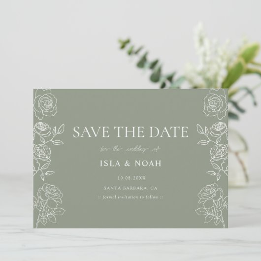 Modern Olijfgroen Franse Rozen bruiloft Save The Date (Staand voorkant)