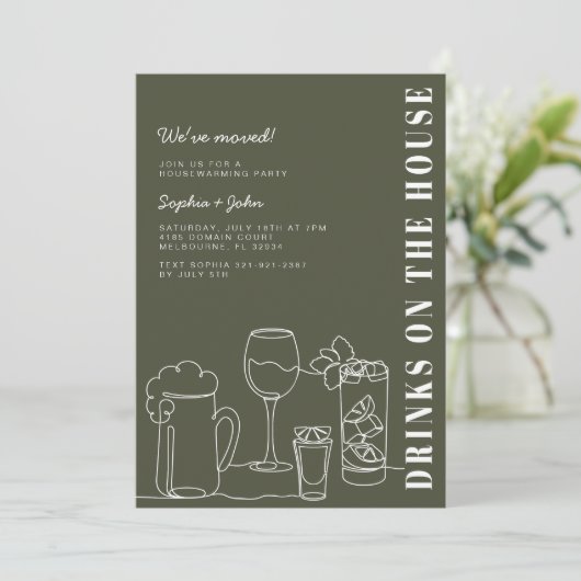 Modern Olijfgroen Housewarming Party Kaart (Staand voorkant)