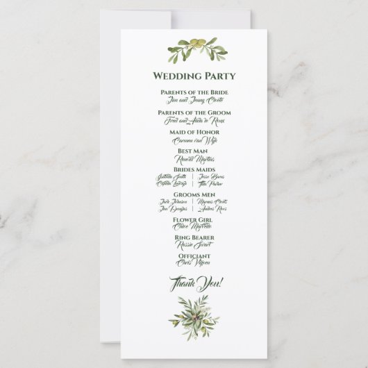 Modern Olijfgroen huwelijksprogramma (Achterkant)