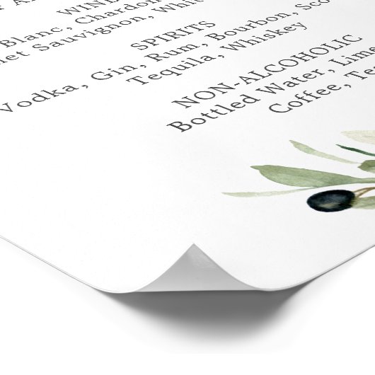 Modern Olijftak Bruiloft Drankjes Menu Bord Poster (Hoek)