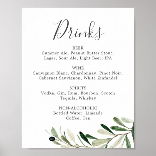 Modern Olijftak Bruiloft Drankjes Menu Bord Poster (Voorkant)