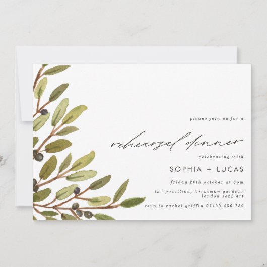 Modern Olijven en Greenery Rehearsal Dinner Kaart (Voorkant)