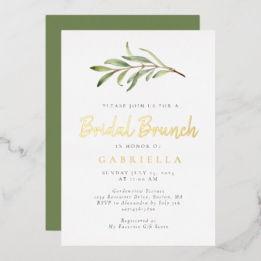 Modern Olive Branch Bridal Brunch Gold Folie Uitnodiging (Voorkant / Achterkant)