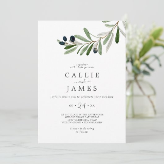 Modern Olive Branch Casual Wedding Kaart (Staand voorkant)