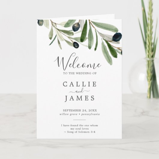 Modern Olive Branch Folded Wedding Programma (Voorkant)