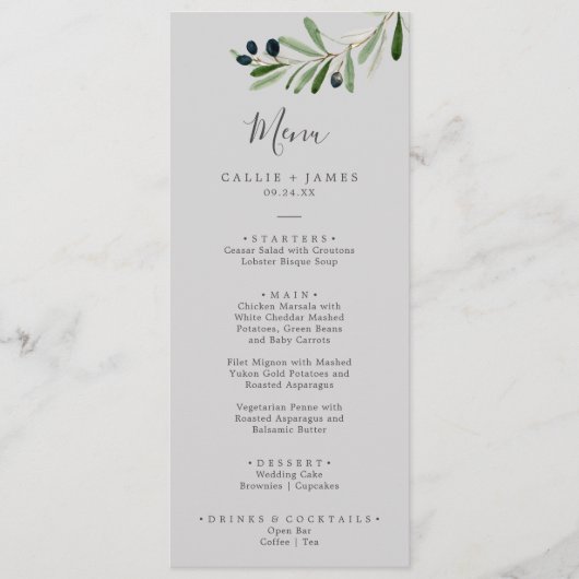 Modern Olive Branch | Gray Weddenrenmenu Menu (Voorkant)