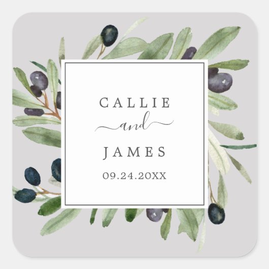Modern Olive Branch | Grijze bruiloft Envelope Vierkante Sticker (Voorkant)