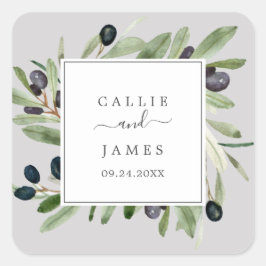 Modern Olive Branch | Grijze bruiloft Envelope Vierkante Sticker