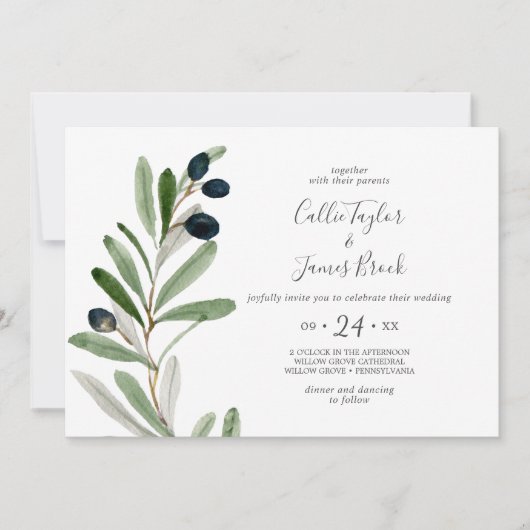 Modern Olive Branch Horizontal Wedding Kaart (Voorkant)