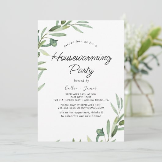 Modern Olive Branch Housewarming Party Uitnodiging (Staand voorkant)