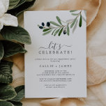 Modern Olive Branch Laten we vieren Kaart<br><div class="desc">Deze moderne olijftak,  laten we de uitnodiging vieren,  is perfect voor een boho verlovingsfeest,  bruiloft na feest,  pensionering,  afstuderen of een gelukkig evenement. Het stijlvolle,  maar elegante ontwerp van de waterverf is een eenvoudige botanische groene bladeren en zwarte olijven op een kleine tak met een klassiek mediterraan gevoel.</div>