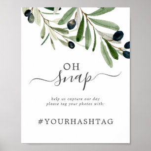 Modern Olive Branch Oh Snap Wedding Hashtag Sign Poster