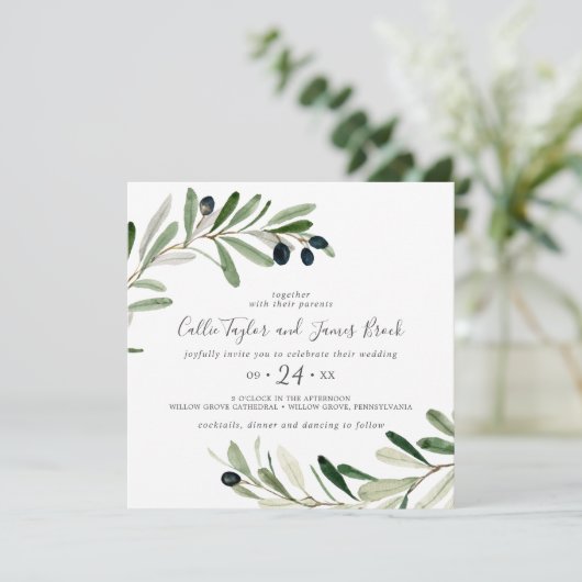 Modern Olive Branch Square Wedding Kaart (Staand voorkant)
