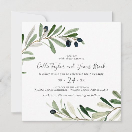 Modern Olive Branch Square Wedding Kaart (Voorkant)