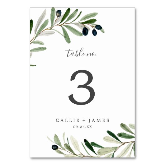 Modern Olive Branch Table Number Kaart (Voorkant)
