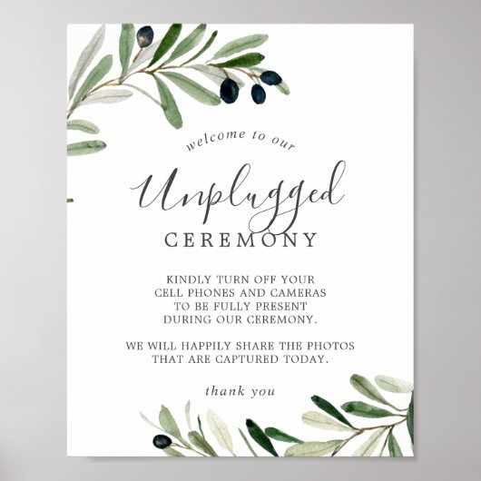 Modern Olive Branch Unplugged Ceremony Sign Poster (Voorkant)