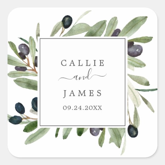 Modern Olive Branch Wedding Envelope Seals Vierkante Sticker (Voorkant)