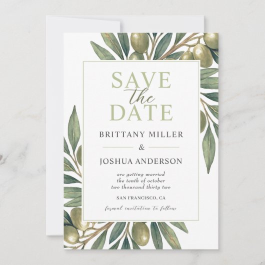 Modern Olive Branch Wedding Save The Date (Voorkant)