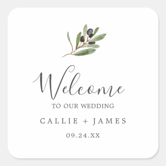 Modern Olive Branch Wedding Welkom Vierkante Sticker (Voorkant)