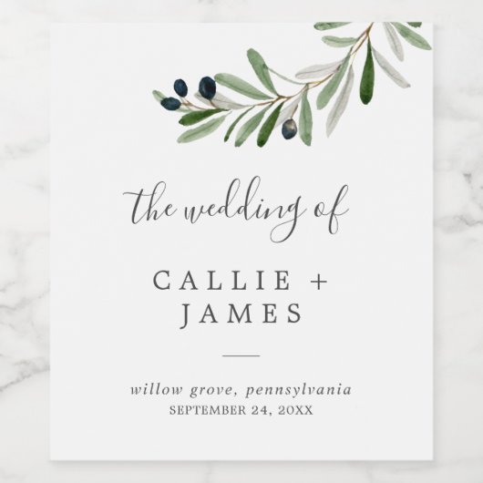 Modern Olive Branch Wedding Wijn Etiket (Enkel label)