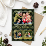 Modern olive Buffalo met kerstfoto's collage Folie Feestdagenkaart<br><div class="desc">De moderne en feestelijke fotokaart bevat een collage van drie foto's met een rand en accenten van echte goudfolie en handbeschilderde waterverf olijfgroen en zwart gebuffel tegen de achtergrond. Pas de aangepaste tekst met de tekst 'Kortste Kerstmis' aan met de gewenste tekst, de familienaam en het jaar. De achterkant van...</div>