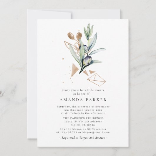 Modern Olive Golden Branch Bridal ShowerInvitation Kaart (Voorkant)