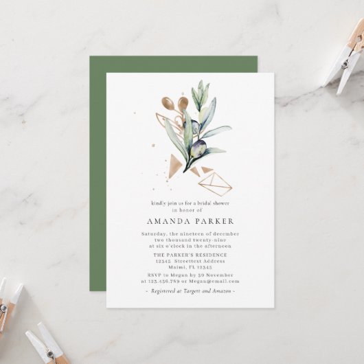 Modern Olive Golden Branch Bridal ShowerInvitation Kaart (Voorkant / Achterkant in situ)