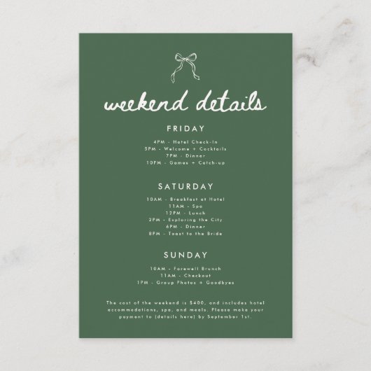 Modern Olive Green Bachelorette Weekend Details Informatiekaartje (Voorkant)