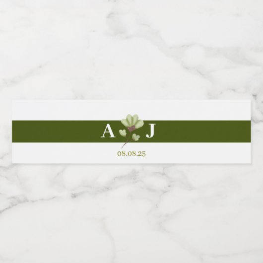 Modern Olive Green Boho Floral Wedding Waterfles Etiket (Enkel label)